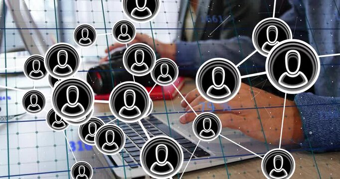 Woman typing laptop reaching DSLR, causing content network user icons overlaying hands and keyboard
