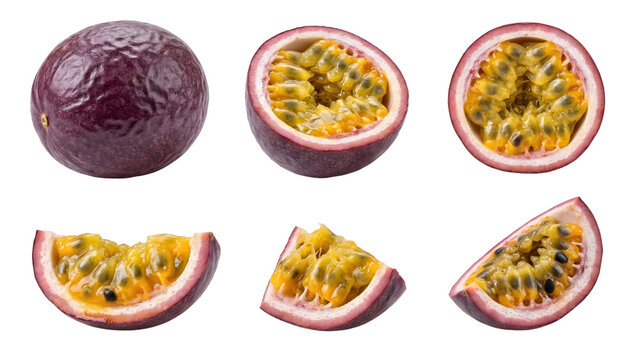 Passion fruit pieces including whole, half and sliced chunks, isolated on transparent background, frish and healty eting.