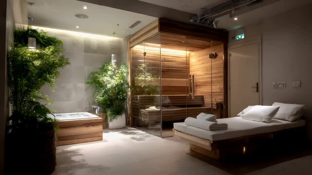 Therapy stress release treatment, health lifestyle. A bedroom with a bed adorned with pillows and towels, a wooden sauna, a bathtub, plants, a wall, a door, a signboard, and ceiling lights.
