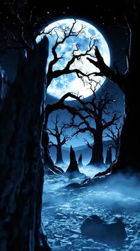 Spooky bare trees under a large glowing moon in a foggy landscape