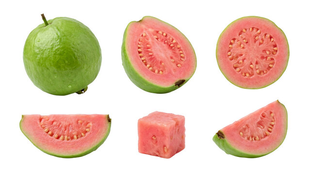 Exotic pink guava assortment set collection, with diced cube and cut segments, isolated PNG with Transparent Background.