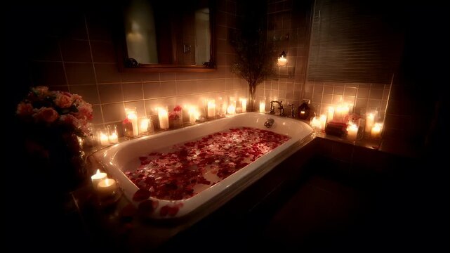 Therapy stress release treatment, health lifestyle. A romantic bathroom with a bathtub filled with rose petals and candles, surrounded by a flower vase, a mirror on the wall.