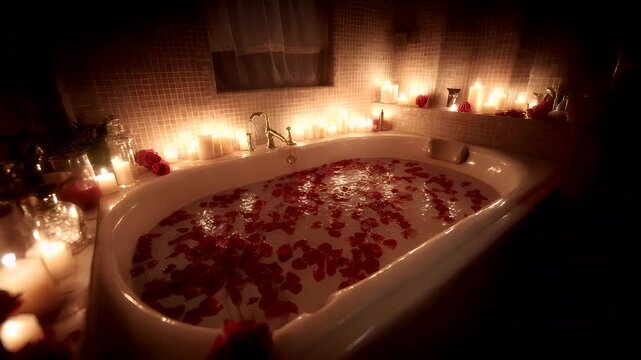 Therapy stress release treatment, health lifestyle. A romantic bathroom with a bathtub filled with rose petals and candles, illuminated by the soft glow of the candles.