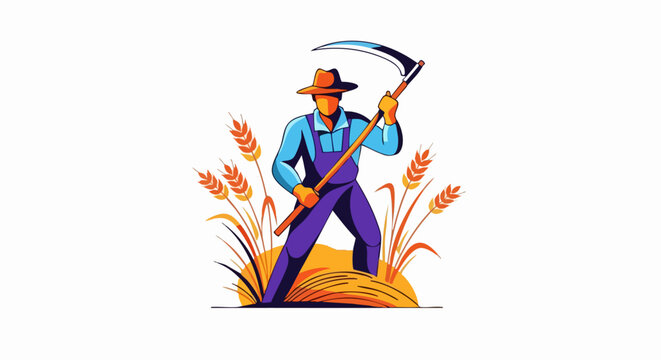 Farmer Harvesting Wheat With Scythe In Field.