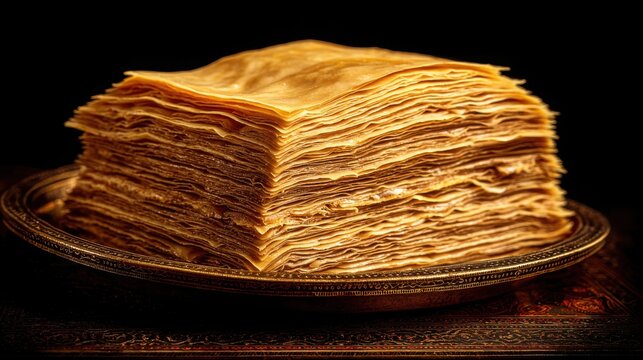 Delicate golden layers of unfurling phyllo dough stacked on a serving plate, ready for baking