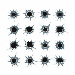 白い背景に配置された様々な形状の銃弾の跡のベクターイラストセット。金属板や壁を撃ち抜いたようなリアルな弾痕が透明背景素材として使いやすく、アクションシーンやバイオレンスなデザインの装飾に最適な高品質なグラフィック素材です。