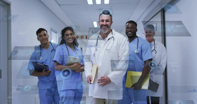 Medical team led by male doctor walking hall, entering activating HUDs peaking fading, showcasing