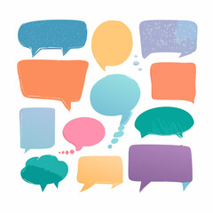 手書き風のカラフルな吹き出しセット。水彩テクスチャが施された様々な形状のメッセージバルーンが、白背景に配置された透明感のあるデザイン素材です。コミュニケーションやSNSの装飾、プレゼンテーション資料のアクセントに最適なベクターイラストレーション。
