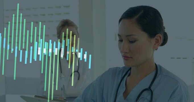 As bold bars advancing from left, junior nurse marking chart turning to senior doc for supervision