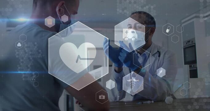 Dr donning blue gloves prepping shot injecting for vaccine while health hex icons glowing over arm