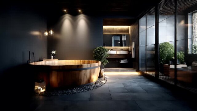 Therapy stress release treatment, health lifestyle. A modern bathroom with a wooden tub, illuminated by ambient lighting, surrounded by pebbles and a lantern placed on the floor.