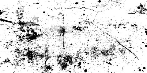 Obraz premium Black Grunge Distress Texture Vector Overlay with Ink Splatters Halftone Dots and Scratches Abstract Background Element