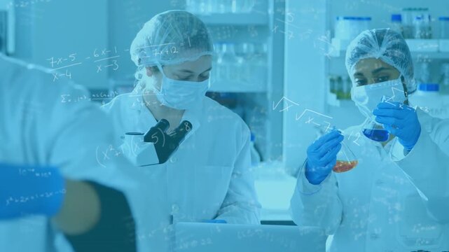 Right lab tech raising orange blue vials, team comparing color and logging, math overlaying scene