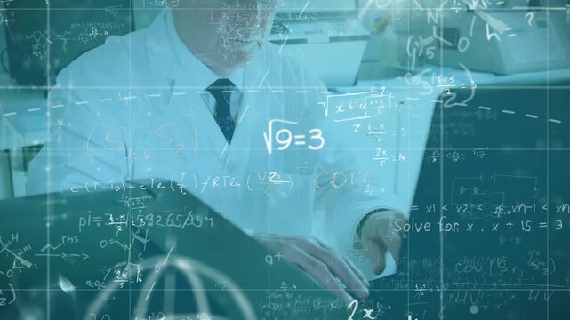 Male scientist typing on keyboard and lifting papers, initiating animated math while checking data