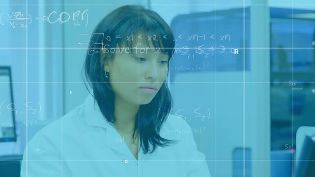 Female lab tech reaching for sample tube, inspecting for analysis while blue grid overlays scene