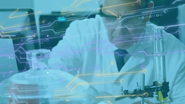 Senior scientist securing clamp opening valve dosing amber liquid in lab HUD overlay guiding flow