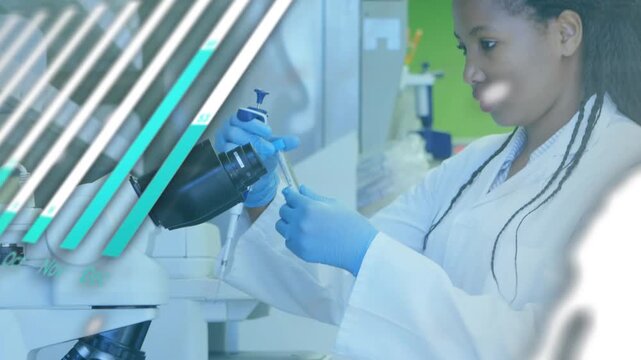 Cam panning revealing tech picking pipette, loading tube for microscope, charts pulsing over bench
