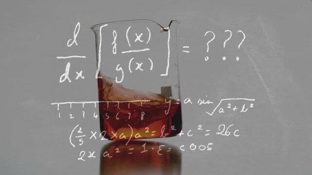 Beaker holding amber liquid, cube dropping and splashing while chalk math overlay showing calculus