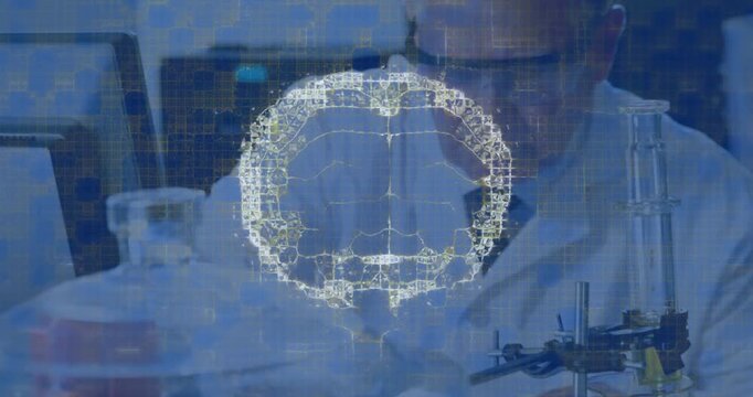 Scientist pushing plunger releasing amber fluid in lab sparking brain overlay mapping neural net