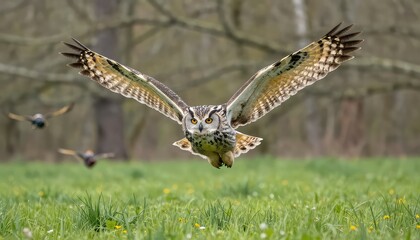 Fototapeta premium Majestic owl in flight over grassy field with vibrant yellow flowers