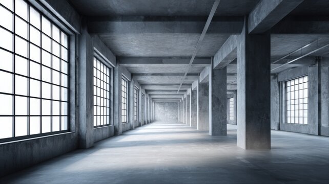 Empty industrial space with concrete columns and large windows, suitable for warehouse conversion or factory redesign