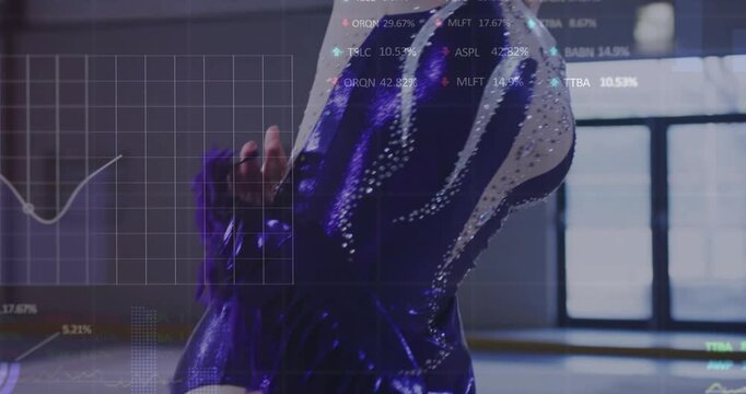 Vertical video: Starting teen gymnast training backbend, leg sweep, rise in gym sequin leotard HUD