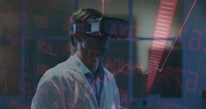 Scientist in VR headset pointing, causing red financial holograms to spike upward analyzing growth