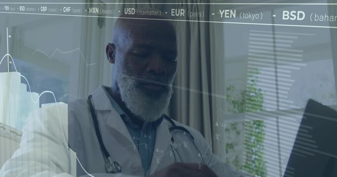 Senior male doctor placing hands on laptop, typing and analyzing healthcare currency charts rising