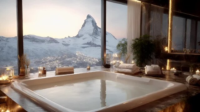 Therapy stress release treatment, health lifestyle. A luxurious bathroom with a large jacuzzi tub surrounded by candles, towels, and potted plants, illuminated by the soft glow of the candles.