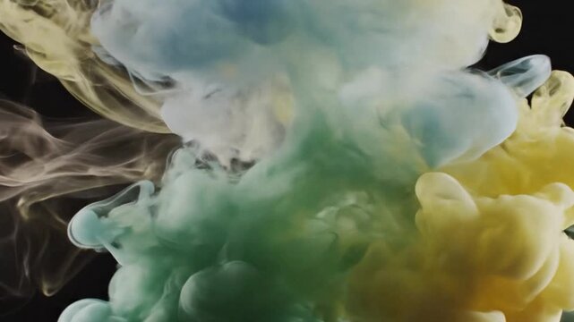 Abstract colorful ink in water, pastel blue and yellow paint swirls on black background, ethereal fluid smoke motion for creative video transitions