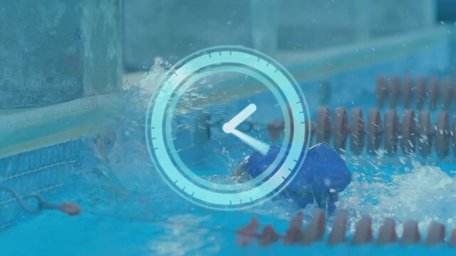 Female swimmer approaching pool wall, gripping edge and breathing while timer tracking training lap