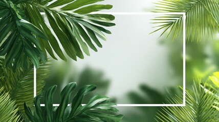 Fototapeta premium Tropical Greenery Frame with Lush Palm Leaves and White Rectangle Border, Ideal for Summer Background