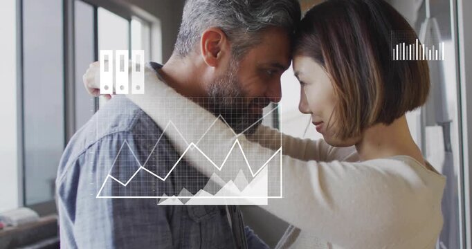 Couple embracing in apartment, woman's phone outline appearing and spawning tech charts, org blocks