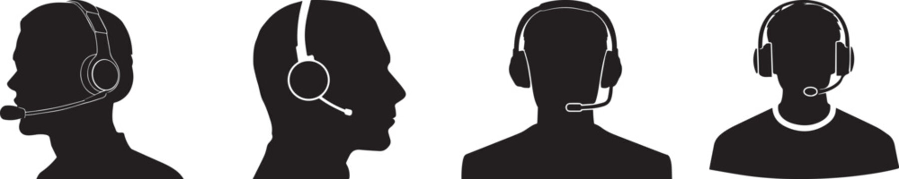 Minimal black call center operator silhouettes wearing headsets showing customer service representatives for online support, technical assistance, help desk communication and contact center service co