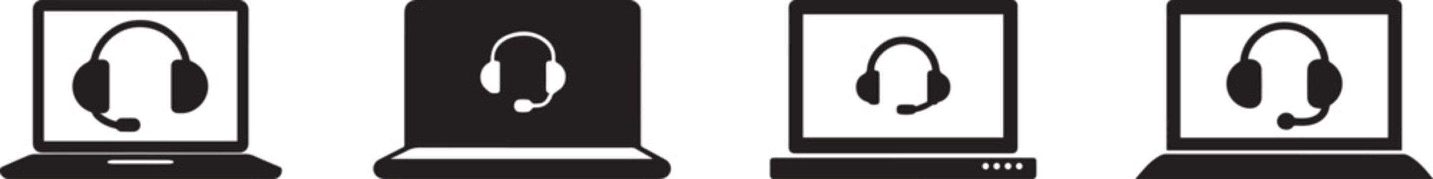 Minimal black laptop customer support icons showing headset help desk service on computer screens, representing online technical support, call center communication and remote assistance technology.