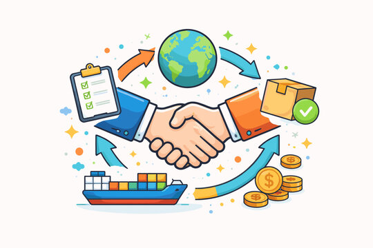 Global Trade Agreement and International Business Partnership Illustration featuring Handshake, Cargo Ship, Globe, Logistics Icons, and Money for Supply Chain, Export, and Commerce Concepts.