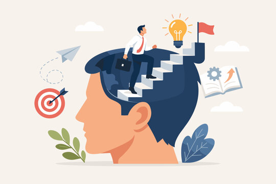 Personal development and self improvement concept with a businessman climbing stairs inside a human head towards a goal flag and lightbulb idea, representing motivation and potential growth.