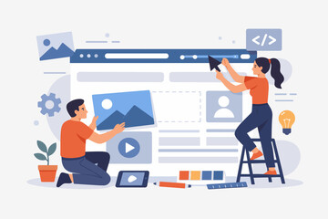 Fototapeta premium Duo of male and female creatives jointly constructing a digital platform layout together, integrating visual media, motion content, and programming logic within a structured user experience and