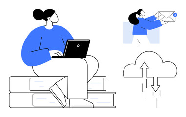 Fototapeta premium Remote work concept. A woman works on a laptop sitting on books, online education and productivity. Remote work involving email communication and cloud data storage. For technology, education, remote