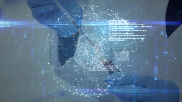 Vertical video: Pipette lowering, tech adding liquid on chip for test in lab, holo, lab coat gloves