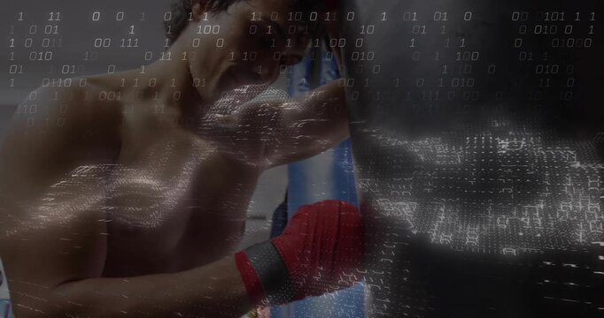 Boxer testing taps then drilling punches on bag red-gloved boxing drill binary tracking strikes
