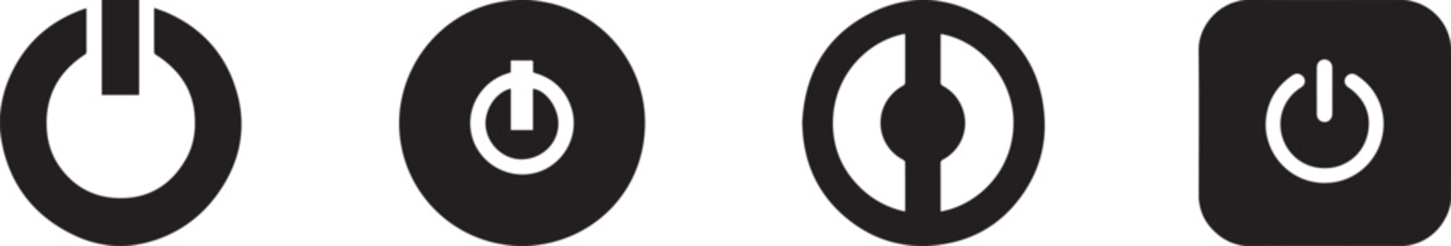 Minimal black power button icons set showing power on, shutdown and standby symbols commonly used in user interface design, electronic devices, computer systems and technology control panels.