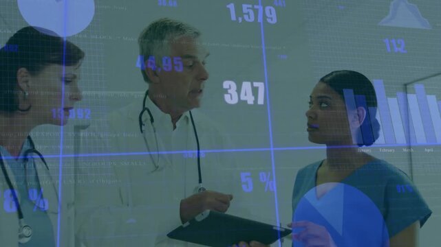 Lead doc pointing nurse tapping tablet causing blue chart overlay while medical team reviewing data