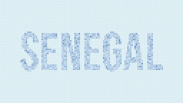 Senegal dotted map animation. Digital style shape of the country. Senegal shape and title dots appear with bulb flickering effect. Intro, outro, logo, title video.