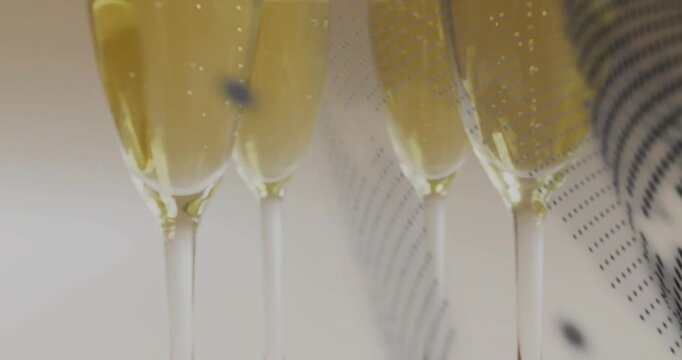 Halftone pattern sweeping leftward overlaying four flutes, distorting bubbles and enhancing design
