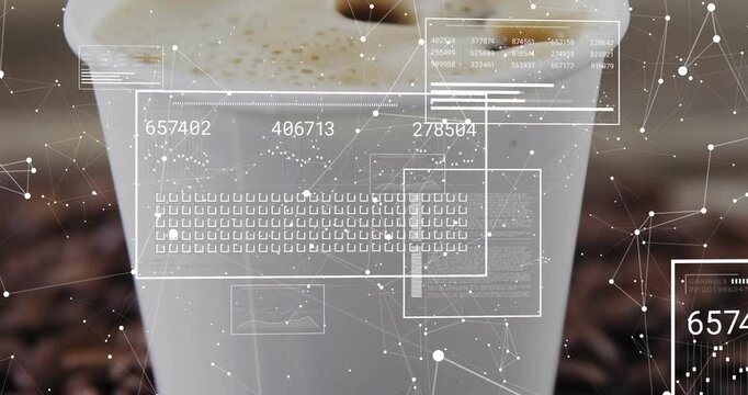 White paper cup among coffee beans, camera zooming and causing HUD graphics scanning product data