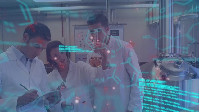 Vertical video: Lab trio in coats checking flask, noting on pad with overlay rising for QC at plant