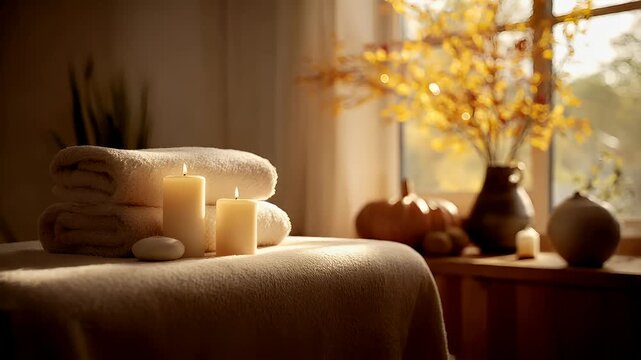 Therapy stress release treatment, health lifestyle. A tranquil spa setting with a table adorned with folded towels, candles, and a vase of flowers. The background is slightly blurred.