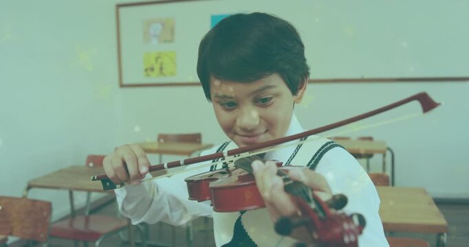Boy positioning violin, aligning bow and pressing fingerboard while practicing bowing with desks
