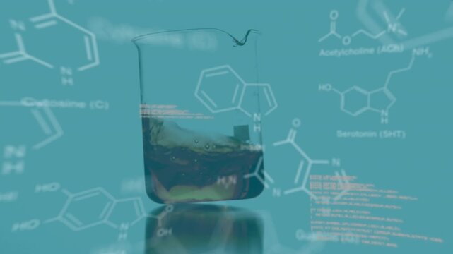 Clear glass beaker central, code overlay shifting, liquid sloshing between 200-300 marks, chemistry